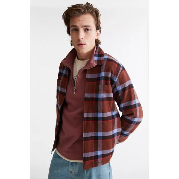 New Urban Outfitters OBEY Lloyd Plaid Zip Shirt Jacket $120 MEDIUM Brown - Picture 1 of 6